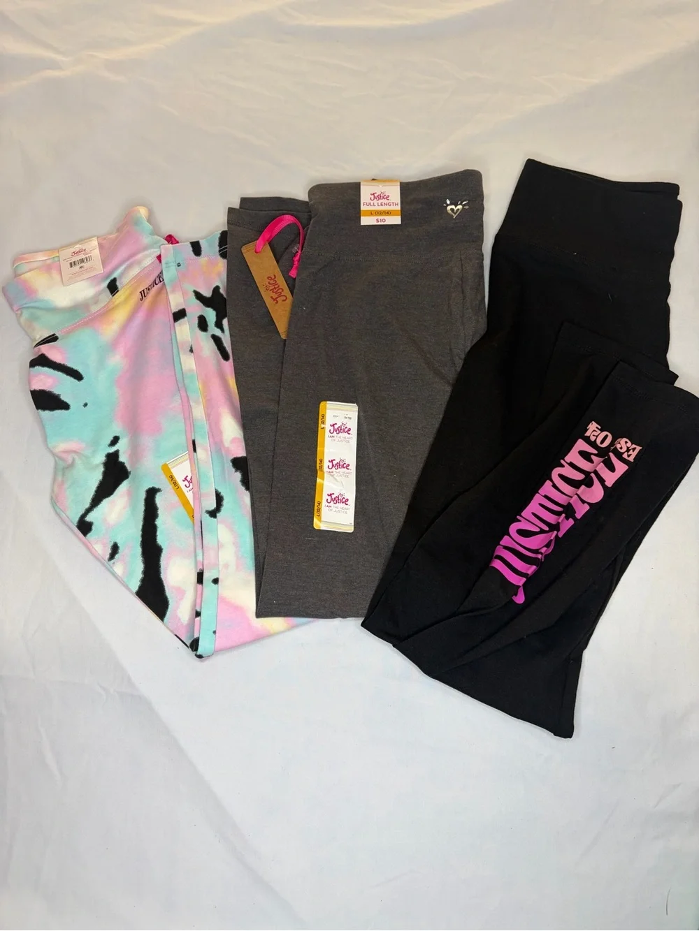Lot of 3 Justice Girls' Tie-Dye, Gray & Black Leggings Size L 12/14 New